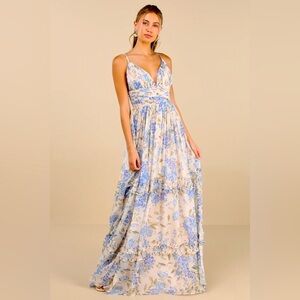 Lulus 💕 Niora Beige and Blue Floral Pleated Maxi Dress